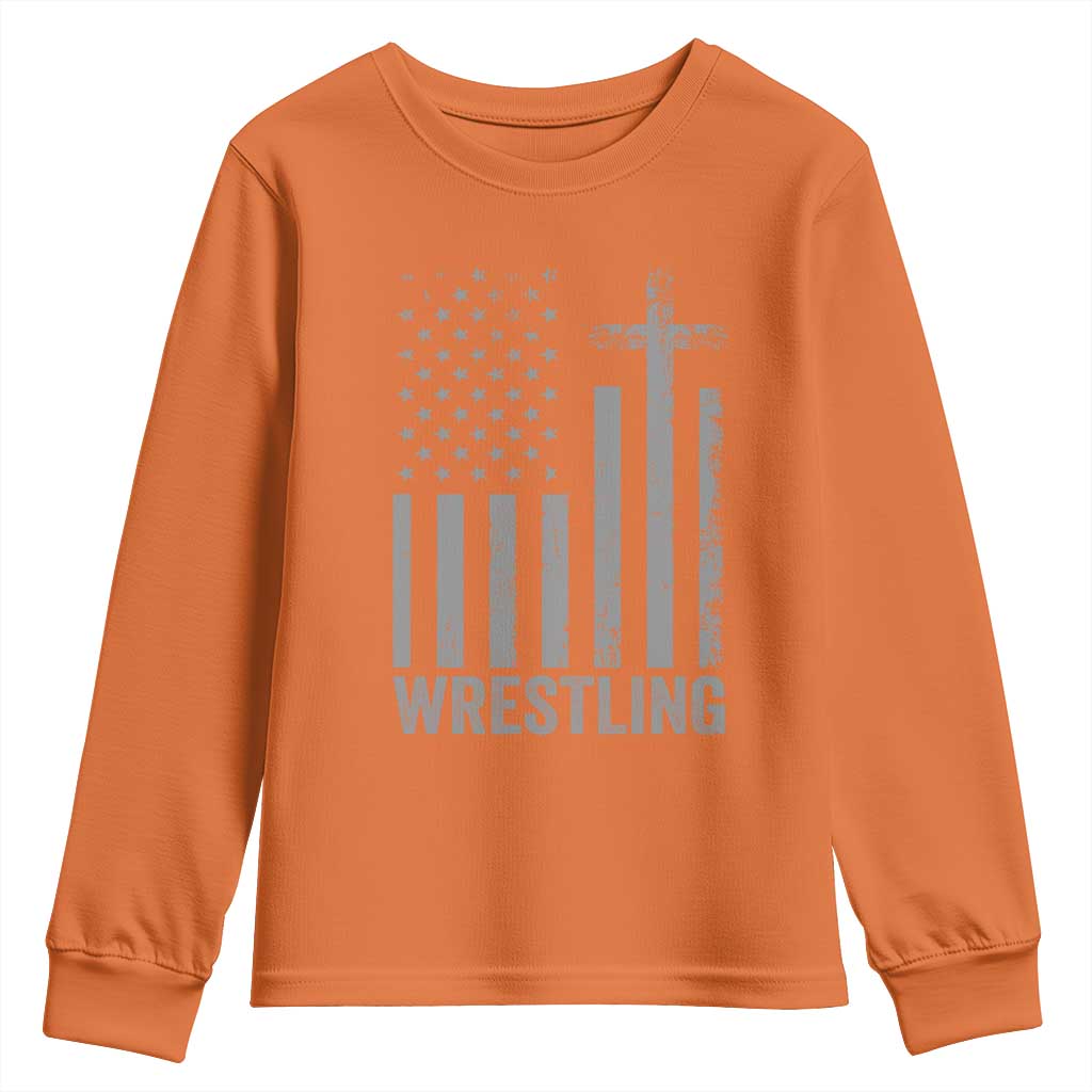 Faith Wrestling Youth Sweatshirt Christian Wrestler American Flag Cross TS10 Orange Print Your Wear