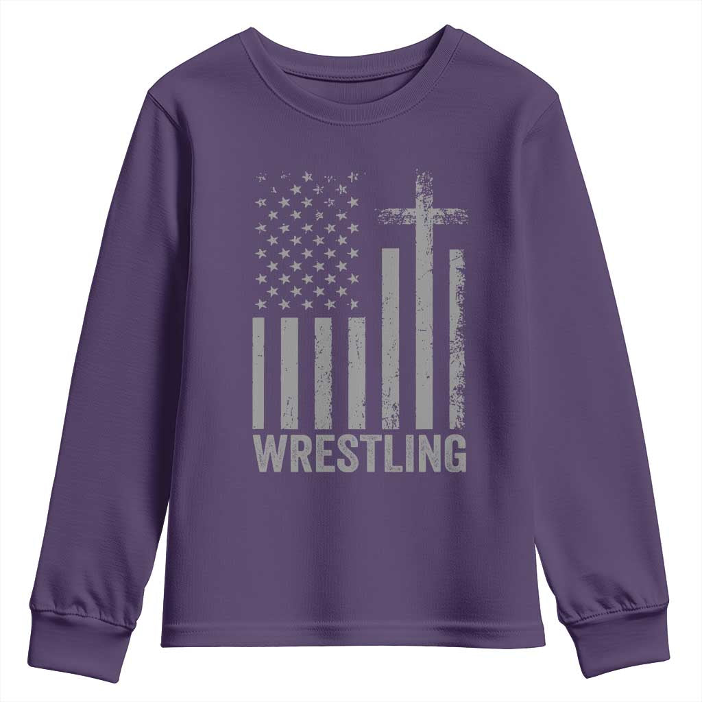 Faith Wrestling Youth Sweatshirt Christian Wrestler American Flag Cross TS10 Purple Print Your Wear