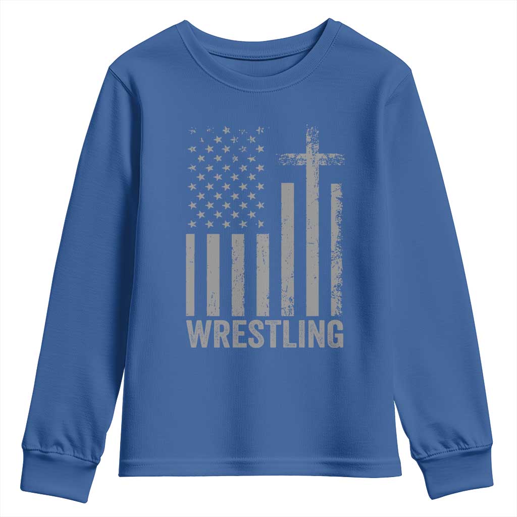 Faith Wrestling Youth Sweatshirt Christian Wrestler American Flag Cross TS10 Royal Blue Print Your Wear
