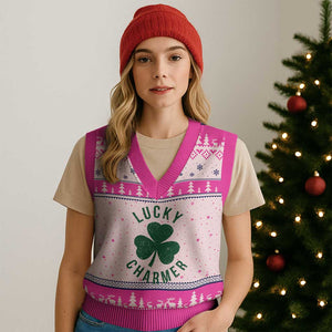 Funny Irish St Patricks Day Shamrock V-Neck Knit Sweater Vest Lucky Charmer TS10 Hot Pink Print Your Wear