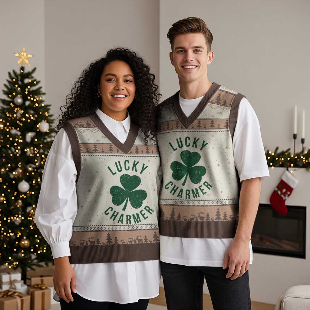 Funny Irish St Patricks Day Shamrock V-Neck Knit Sweater Vest Lucky Charmer TS10 Mocha Mousse Print Your Wear