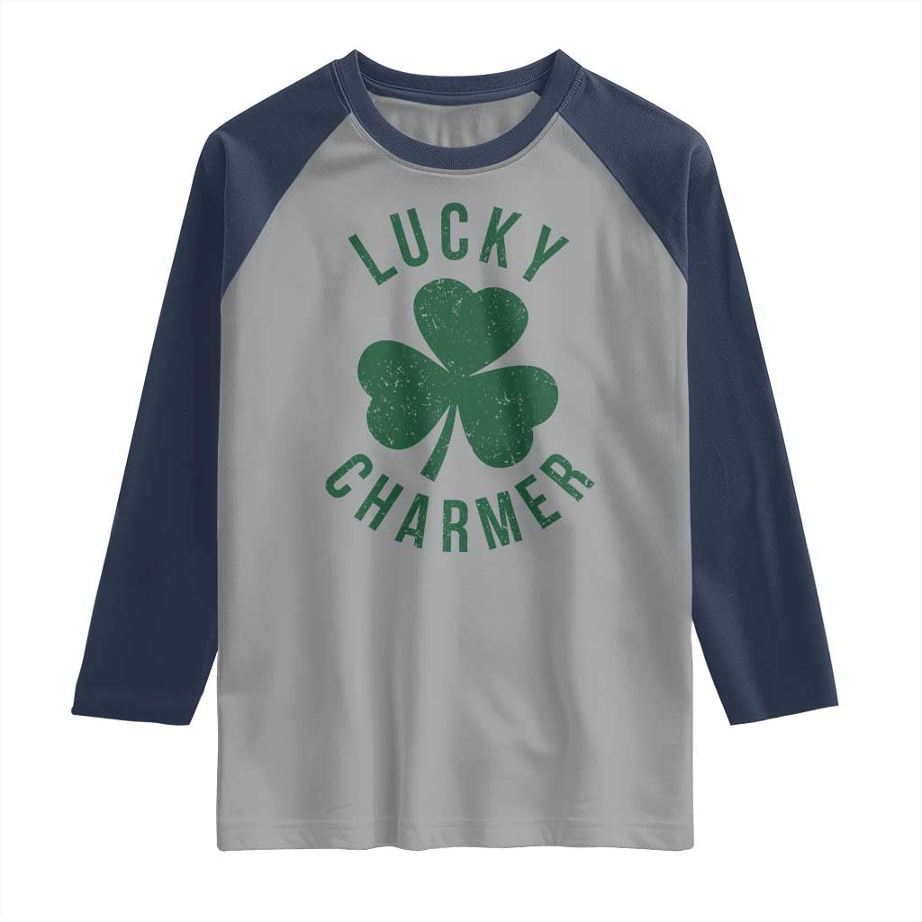 Funny Irish St Patricks Day Shamrock Raglan Shirt Lucky Charmer TS10 Sport Gray Navy Print Your Wear
