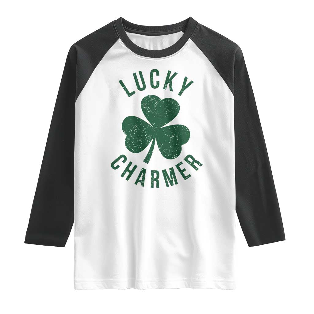 Funny Irish St Patricks Day Shamrock Raglan Shirt Lucky Charmer TS10 White Black Print Your Wear