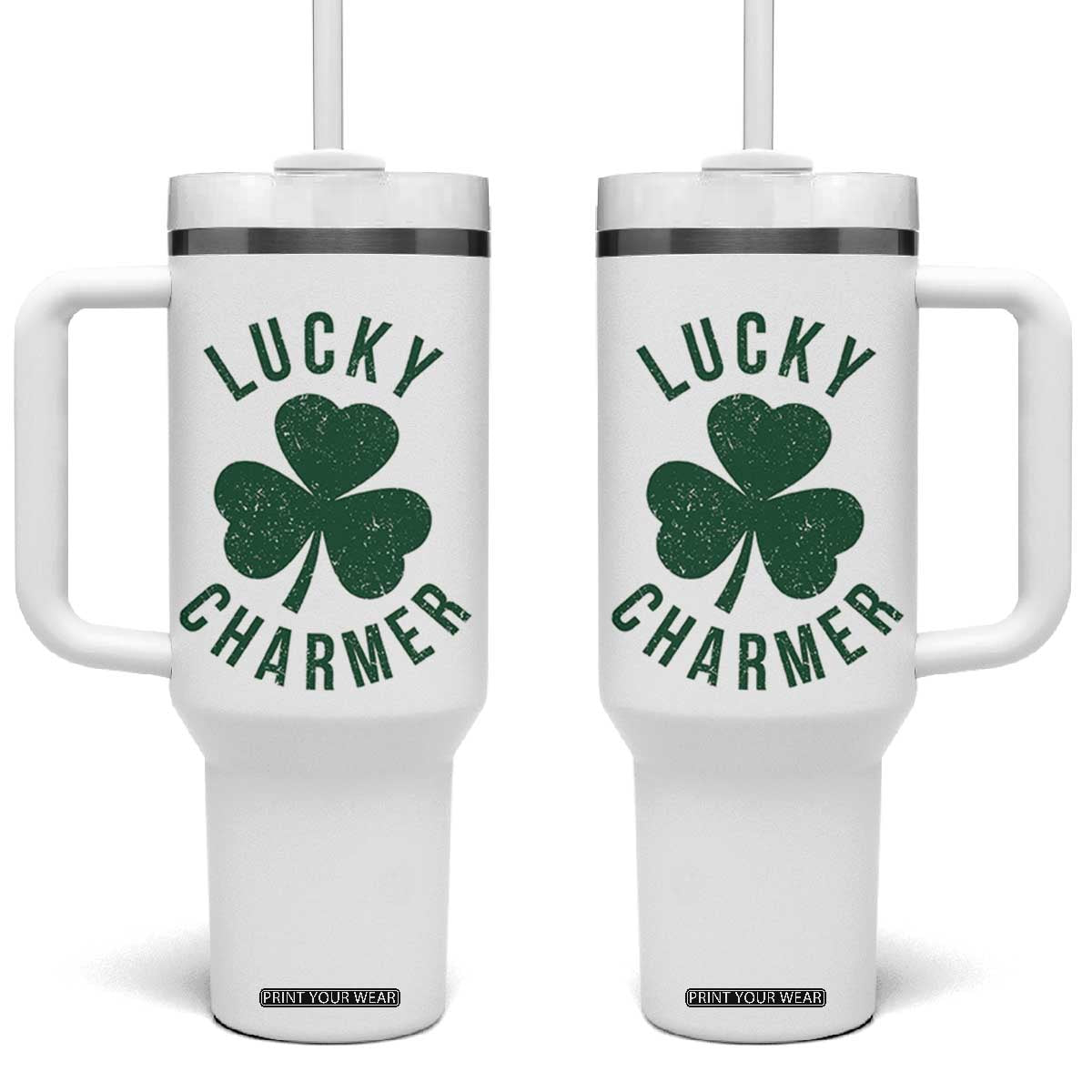 Funny Irish St Patricks Day Shamrock Tumbler With Handle Lucky Charmer TS10 One Size: 40 oz White Print Your Wear