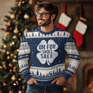 Funny Irish St Patricks Day Shamrock Ugly Christmas Sweater Oh For Lucks Sake TS10 Navy Beige Print Your Wear