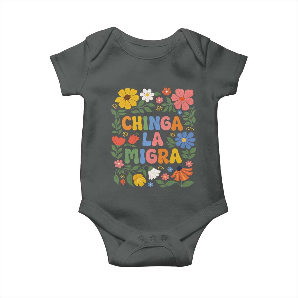 Chinga La Migra Baby Onesie Funny Boho Floral Resist Retro Pro Immigration TS10 Dark Heather Print Your Wear