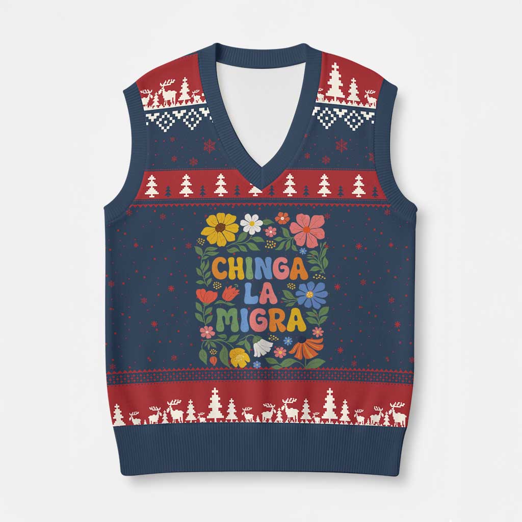 Chinga La Migra V-Neck Knit Sweater Vest Funny Boho Floral Resist Retro Pro Immigration TS10 Navy Red Print Your Wear