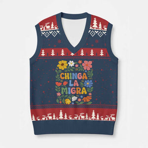 Chinga La Migra V-Neck Knit Sweater Vest Funny Boho Floral Resist Retro Pro Immigration TS10 Navy Red Print Your Wear