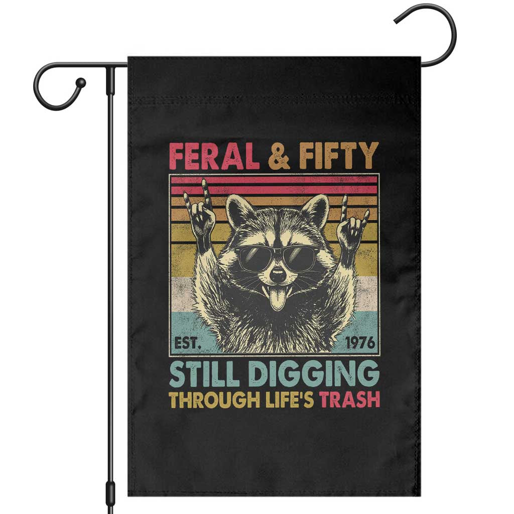 Funny 50th Birthday Garden Flag Retro Racoon Feral And Fifty TS10 Black Print Your Wear