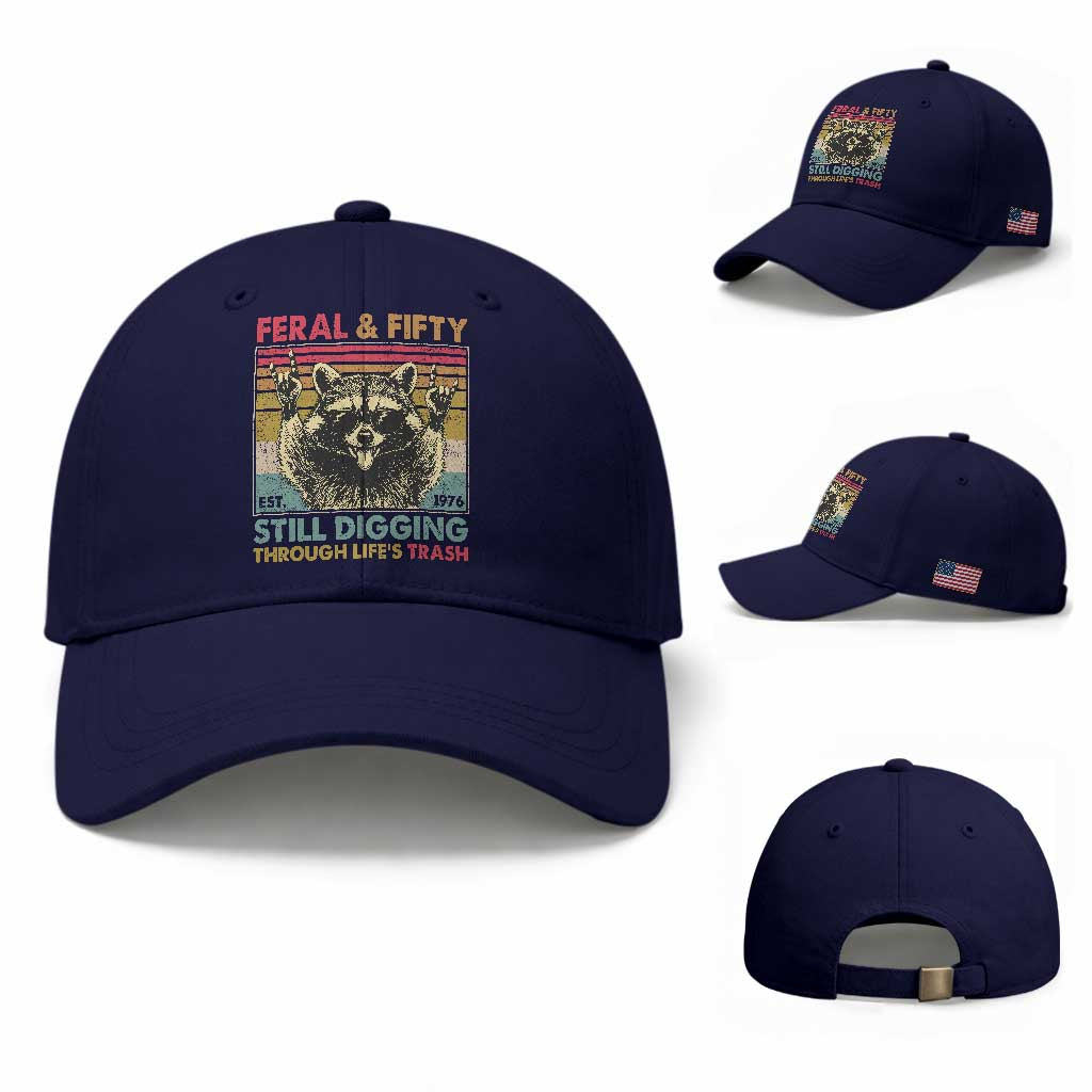 Funny 50th Birthday Baseball Cap Retro Racoon Feral And Fifty TS10 Baseball Cap Universal Fit Dark Blue Print Your Wear