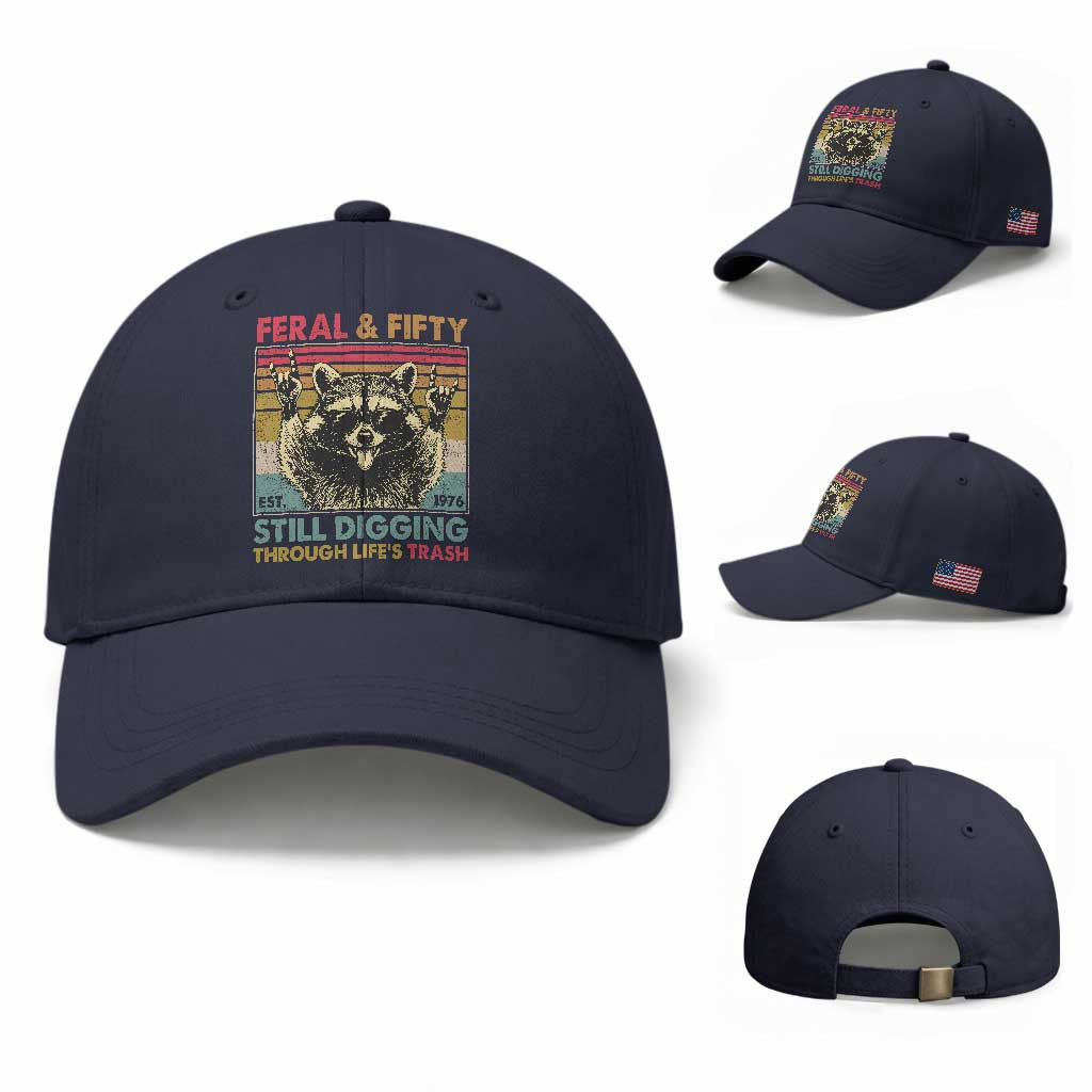 Funny 50th Birthday Baseball Cap Retro Racoon Feral And Fifty TS10 Baseball Cap Universal Fit Navy Print Your Wear