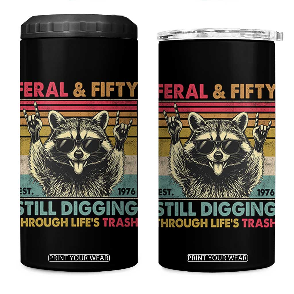 Funny 50th Birthday 4 in 1 Can Cooler Tumbler Retro Racoon Feral And Fifty TS10 One Size: 16 oz Black Print Your Wear
