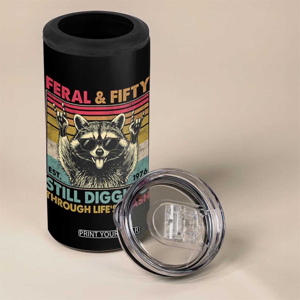 Funny 50th Birthday 4 in 1 Can Cooler Tumbler Retro Racoon Feral And Fifty TS10 Print Your Wear