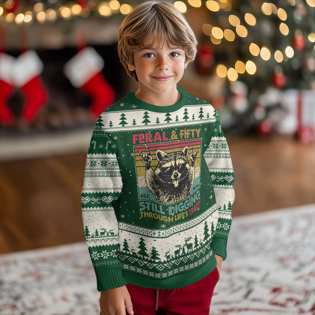 Funny 50th Birthday Ugly Christmas Sweater Retro Racoon Feral And Fifty TS10 Forest Green Beige Print Your Wear