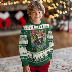 Funny 50th Birthday Ugly Christmas Sweater Retro Racoon Feral And Fifty TS10 Forest Green Beige Print Your Wear