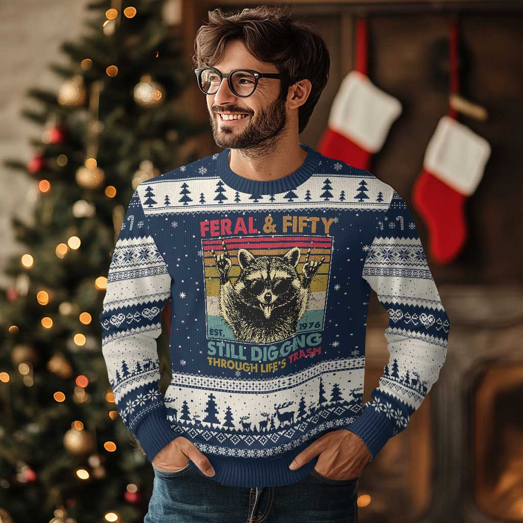 Funny 50th Birthday Ugly Christmas Sweater Retro Racoon Feral And Fifty TS10 Navy Beige Print Your Wear