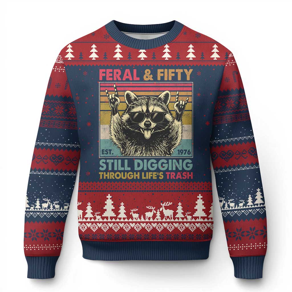 Funny 50th Birthday Ugly Christmas Sweater Retro Racoon Feral And Fifty TS10 Navy Red Print Your Wear