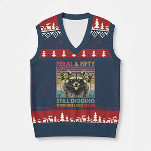 Funny 50th Birthday V-Neck Knit Sweater Vest Retro Racoon Feral And Fifty TS10 Navy Red Print Your Wear
