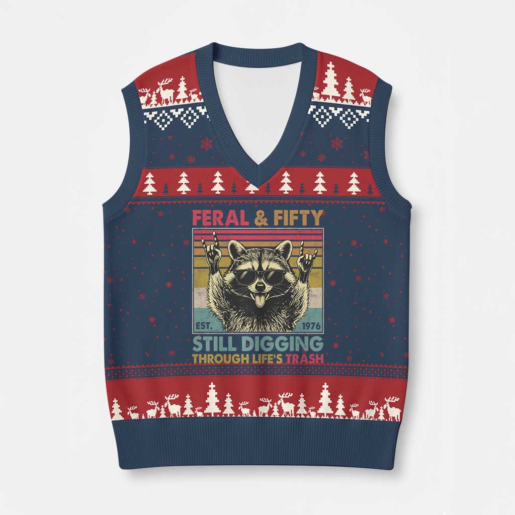 Funny 50th Birthday V-Neck Knit Sweater Vest Retro Racoon Feral And Fifty TS10 Navy Red Print Your Wear