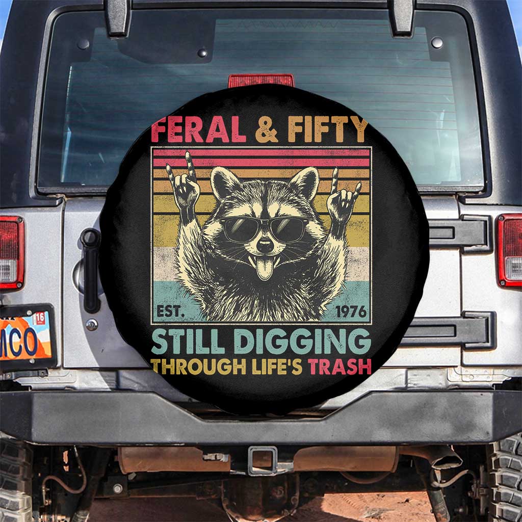 Funny 50th Birthday Spare Tire Cover Retro Racoon Feral And Fifty TS10 No hole Black Print Your Wear