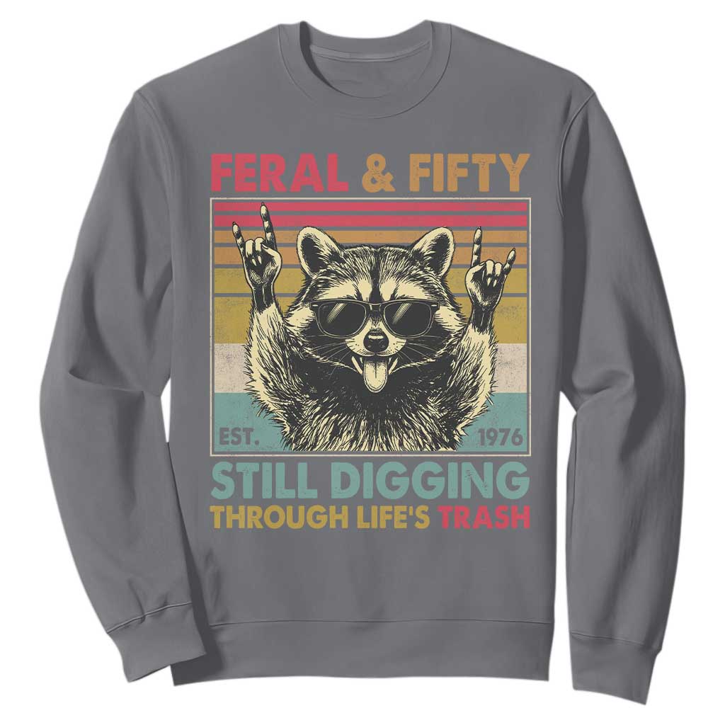 Funny 50th Birthday Sweatshirt Retro Racoon Feral And Fifty TS10 Charcoal Print Your Wear