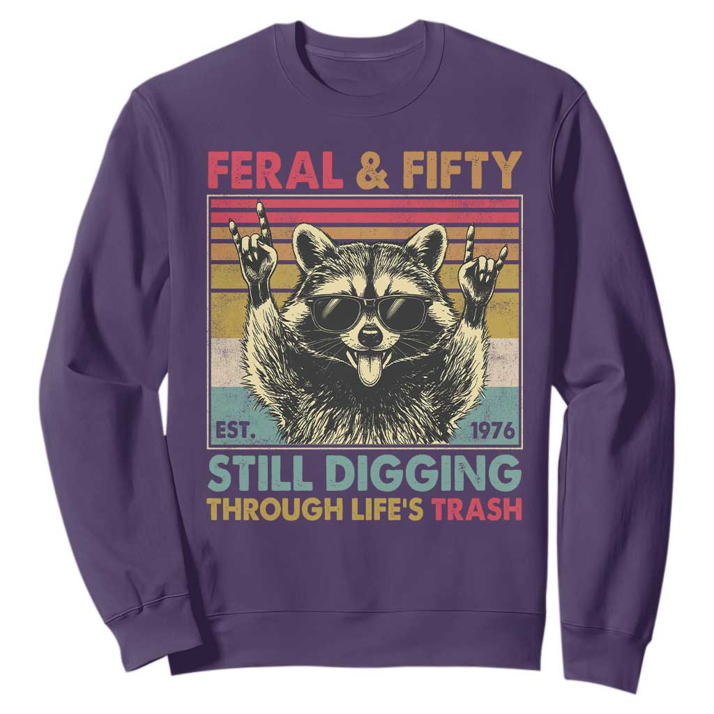 Funny 50th Birthday Sweatshirt Retro Racoon Feral And Fifty TS10 Purple Print Your Wear