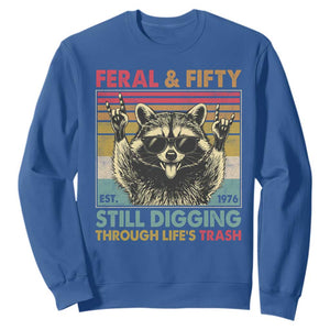Funny 50th Birthday Sweatshirt Retro Racoon Feral And Fifty TS10 Royal Blue Print Your Wear