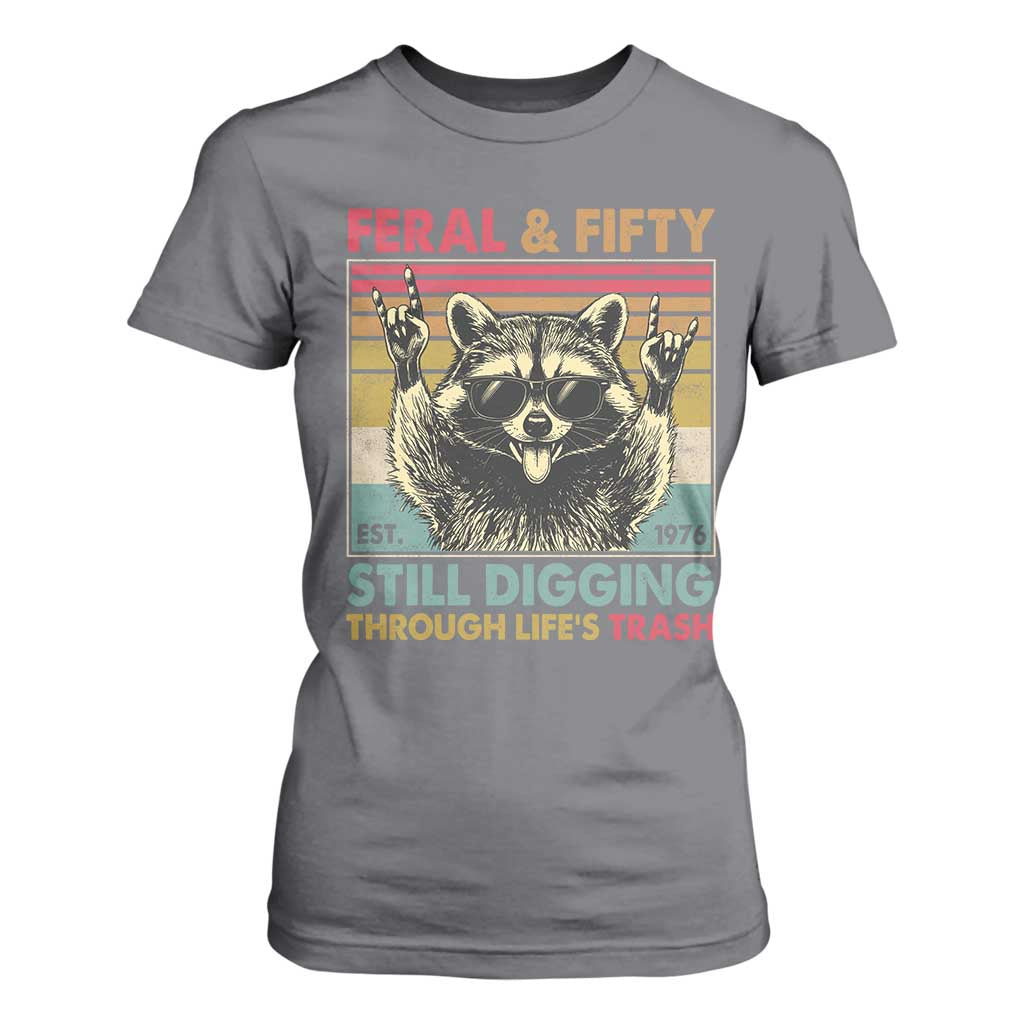 Funny 50th Birthday T Shirt For Women Retro Racoon Feral And Fifty TS10 Charcoal Print Your Wear