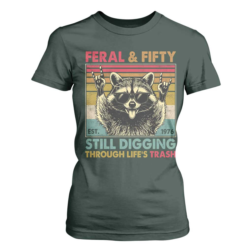 Funny 50th Birthday T Shirt For Women Retro Racoon Feral And Fifty TS10 Dark Forest Green Print Your Wear