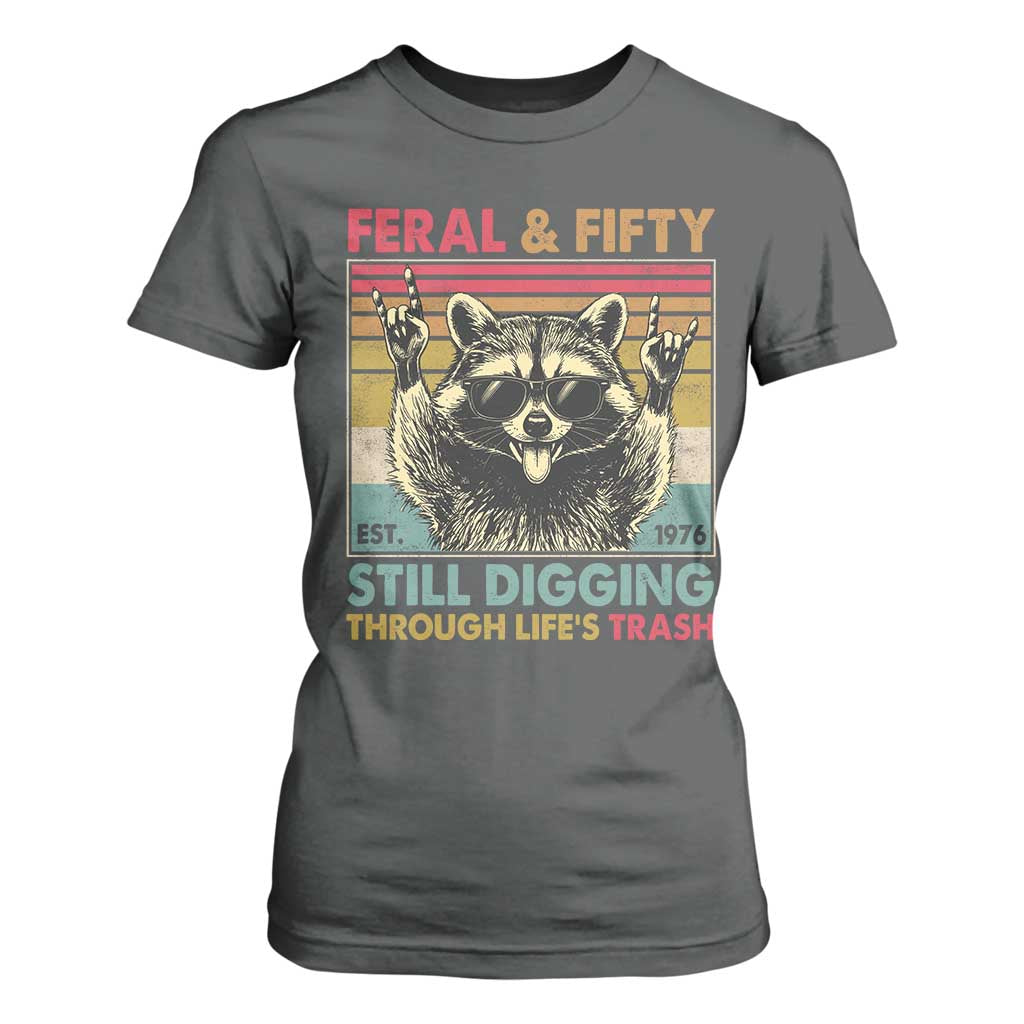 Funny 50th Birthday T Shirt For Women Retro Racoon Feral And Fifty TS10 Dark Heather Print Your Wear