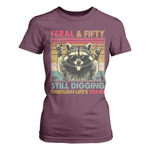 Funny 50th Birthday T Shirt For Women Retro Racoon Feral And Fifty TS10 Maroon Print Your Wear