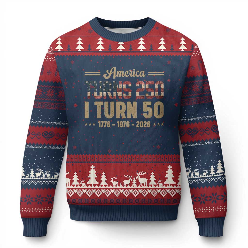 America Turns 250 I Turn 50 50th Birthday Ugly Christmas Sweater Vintage USA 250th Anniversary 1976 50 Year Old Gift TS10 Navy Red Print Your Wear