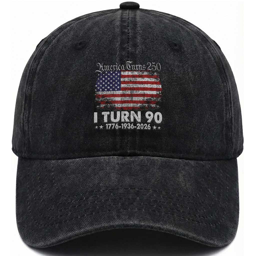 America Turns 250 I Turn 90 Washed Cotton Baseball Cap Vintage 1936 90th Birthday 250th Anniversary USA 90 Year Old Gift