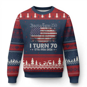 America Turns 250 I Turn 70 Ugly Christmas Sweater Vintage 1956 70th Birthday 250th Anniversary USA 70 Year Old Gift