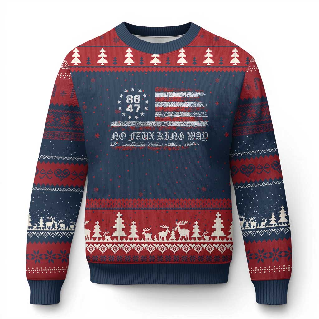 Snarky No Kings In America Ugly Christmas Sweater No Faux King Way 86 47 US Flag Impeach 47 TS10 Navy Red Print Your Wear