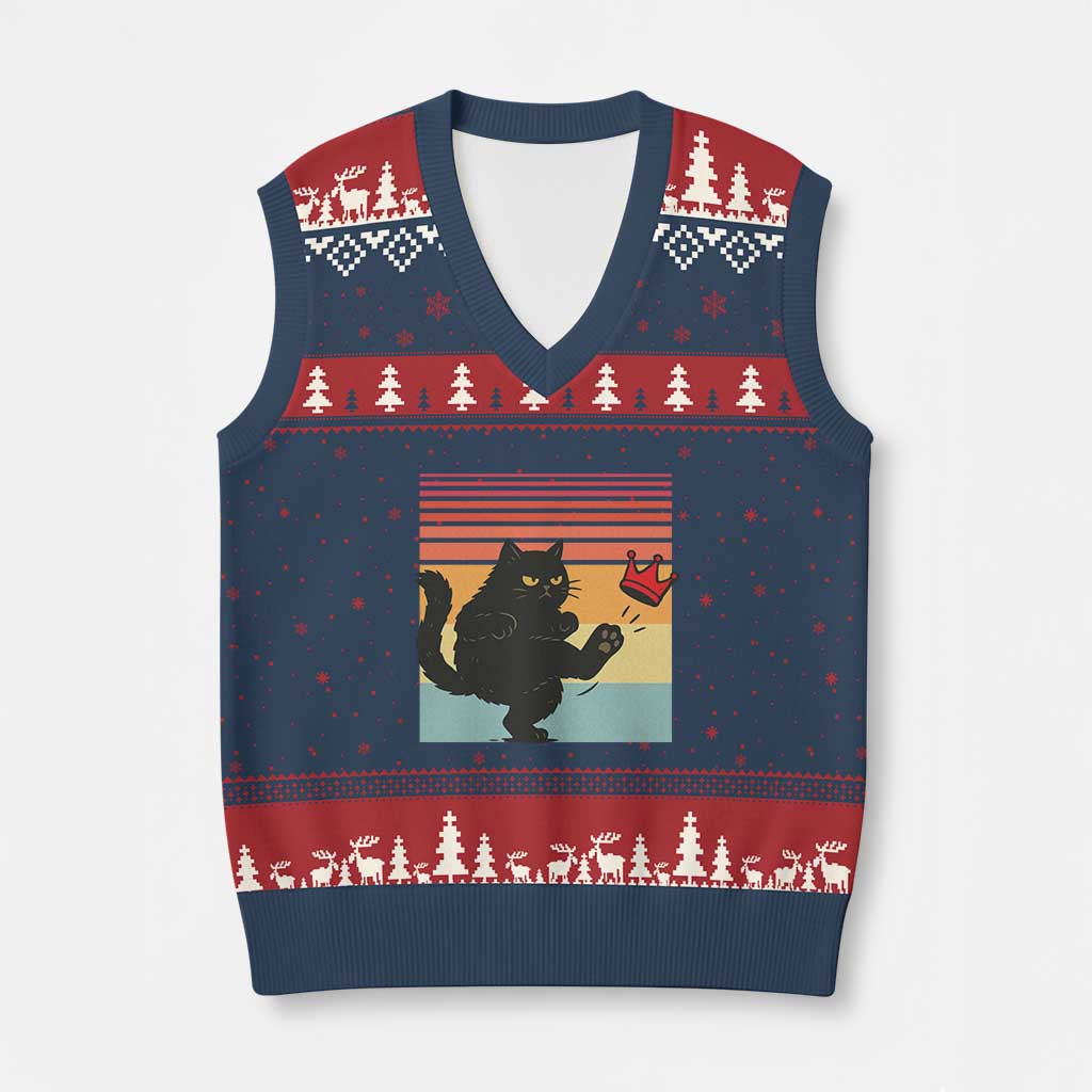 No Kings Black Cat V-Neck Knit Sweater Vest Funny Kitten Social Justice - Print Your Wear