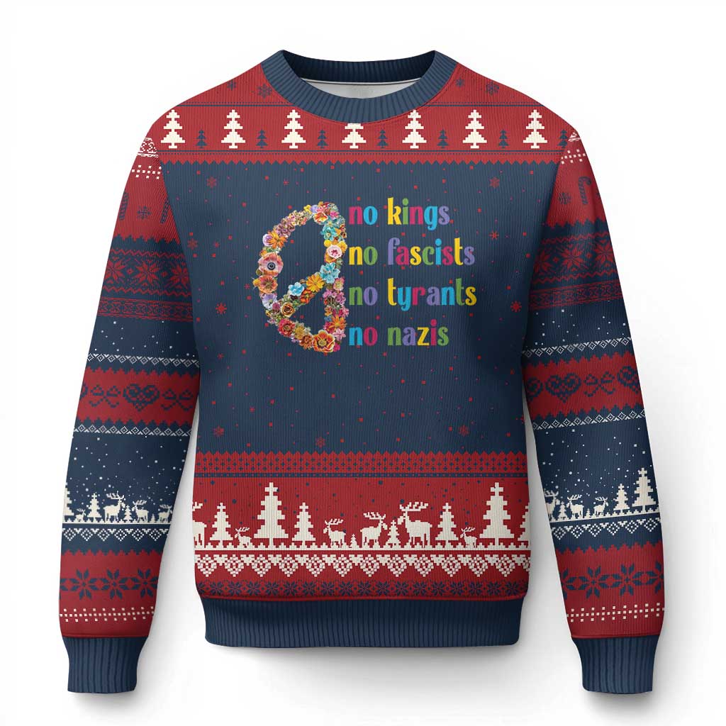 No Kings No Fascists Ugly Christmas Sweater Floral Peace Sign Social Justice - Print Your Wear