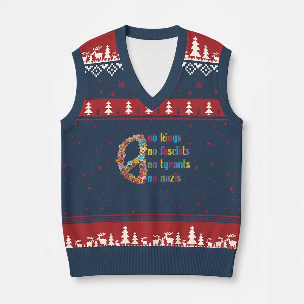 No Kings No Fascists V-Neck Knit Sweater Vest Floral Peace Sign Social Justice - Print Your Wear