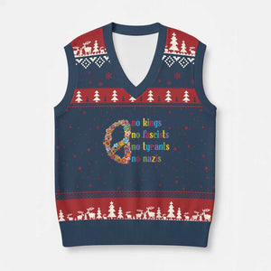No Kings No Fascists V-Neck Knit Sweater Vest Floral Peace Sign Social Justice - Print Your Wear