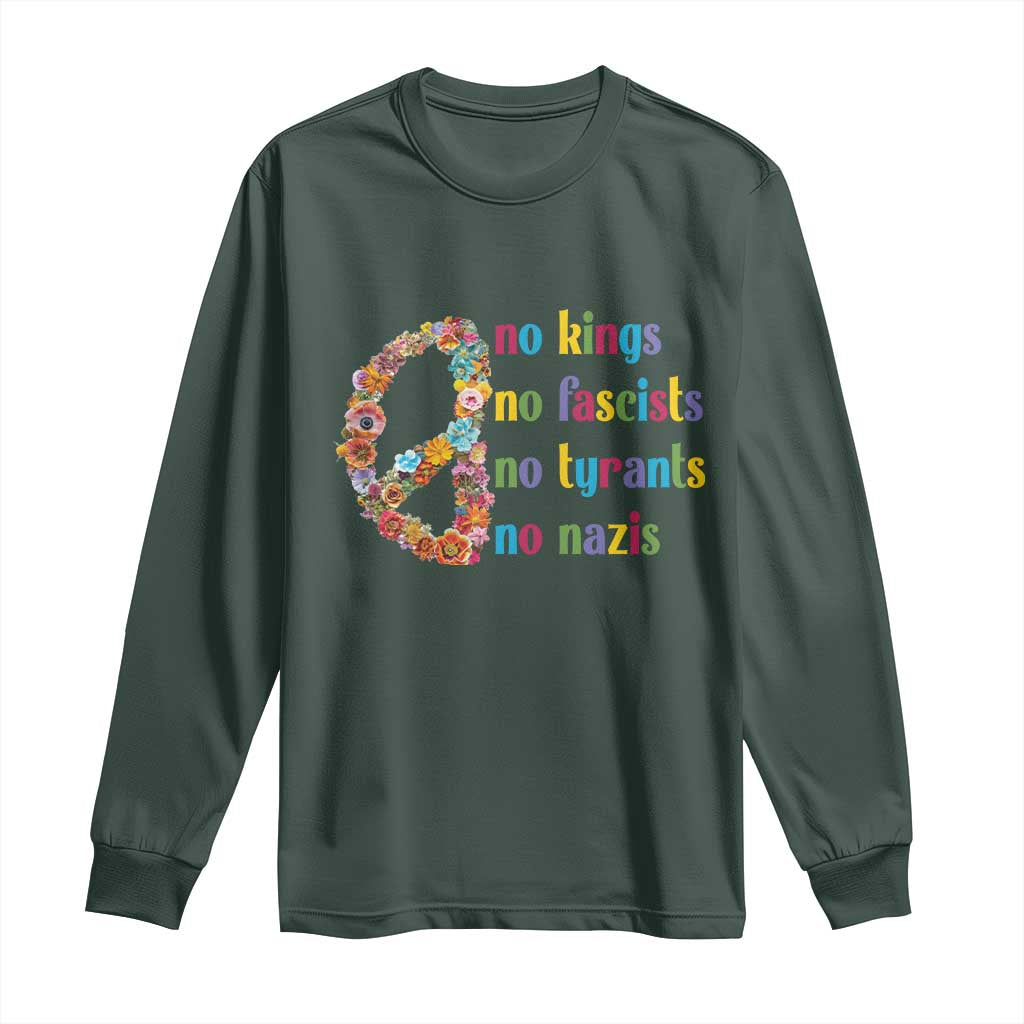 No Kings No Fascists Long Sleeve Shirt Floral Peace Sign Social Justice TS10 Dark Forest Green Print Your Wear
