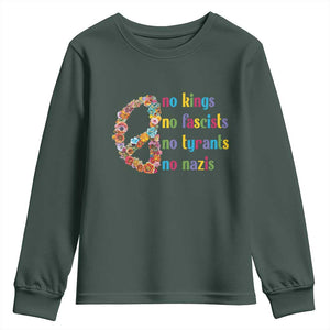 No Kings No Fascists Youth Sweatshirt Floral Peace Sign Social Justice TS10 Dark Forest Green Print Your Wear