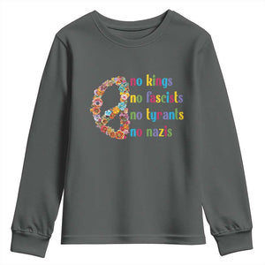 No Kings No Fascists Youth Sweatshirt Floral Peace Sign Social Justice TS10 Dark Heather Print Your Wear