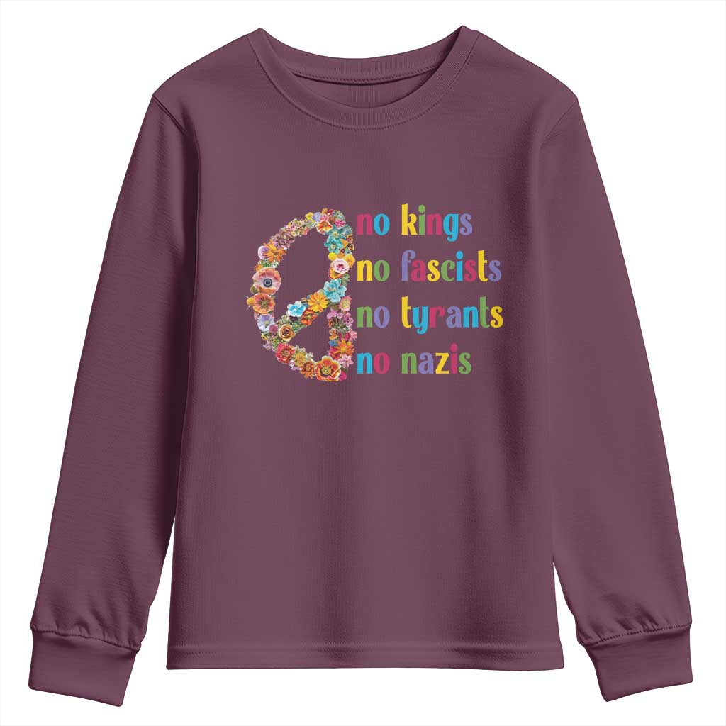 No Kings No Fascists Youth Sweatshirt Floral Peace Sign Social Justice TS10 Maroon Print Your Wear