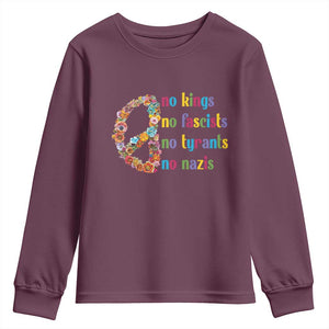 No Kings No Fascists Youth Sweatshirt Floral Peace Sign Social Justice TS10 Maroon Print Your Wear