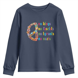 No Kings No Fascists Youth Sweatshirt Floral Peace Sign Social Justice TS10 Navy Print Your Wear