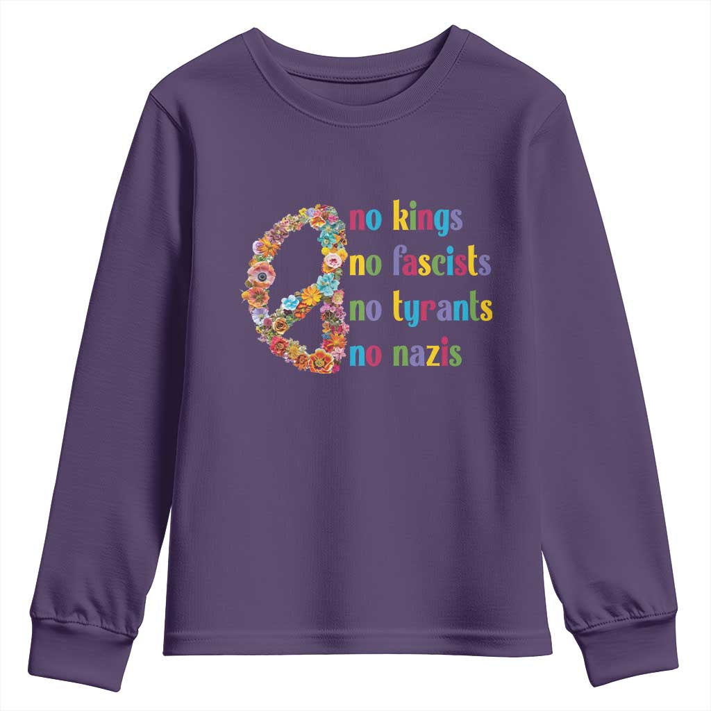 No Kings No Fascists Youth Sweatshirt Floral Peace Sign Social Justice TS10 Purple Print Your Wear