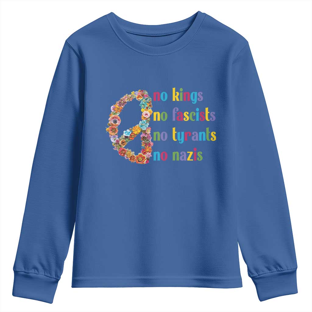 No Kings No Fascists Youth Sweatshirt Floral Peace Sign Social Justice TS10 Royal Blue Print Your Wear