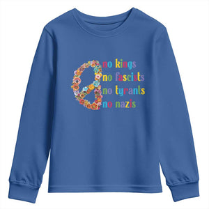 No Kings No Fascists Youth Sweatshirt Floral Peace Sign Social Justice TS10 Royal Blue Print Your Wear