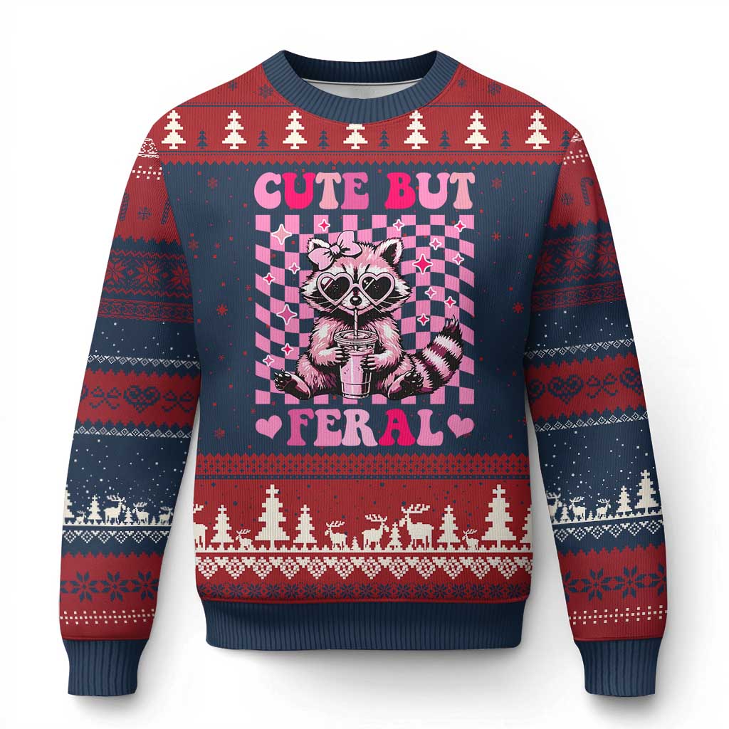 Cute But Feral Raccoon Ugly Christmas Sweater Funny Sunglasses Trash Panda TS10 Navy Red Print Your Wear