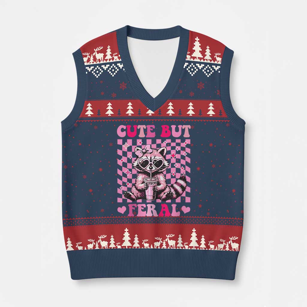 Cute But Feral Raccoon V-Neck Knit Sweater Vest Funny Sunglasses Trash Panda TS10 Navy Red Print Your Wear